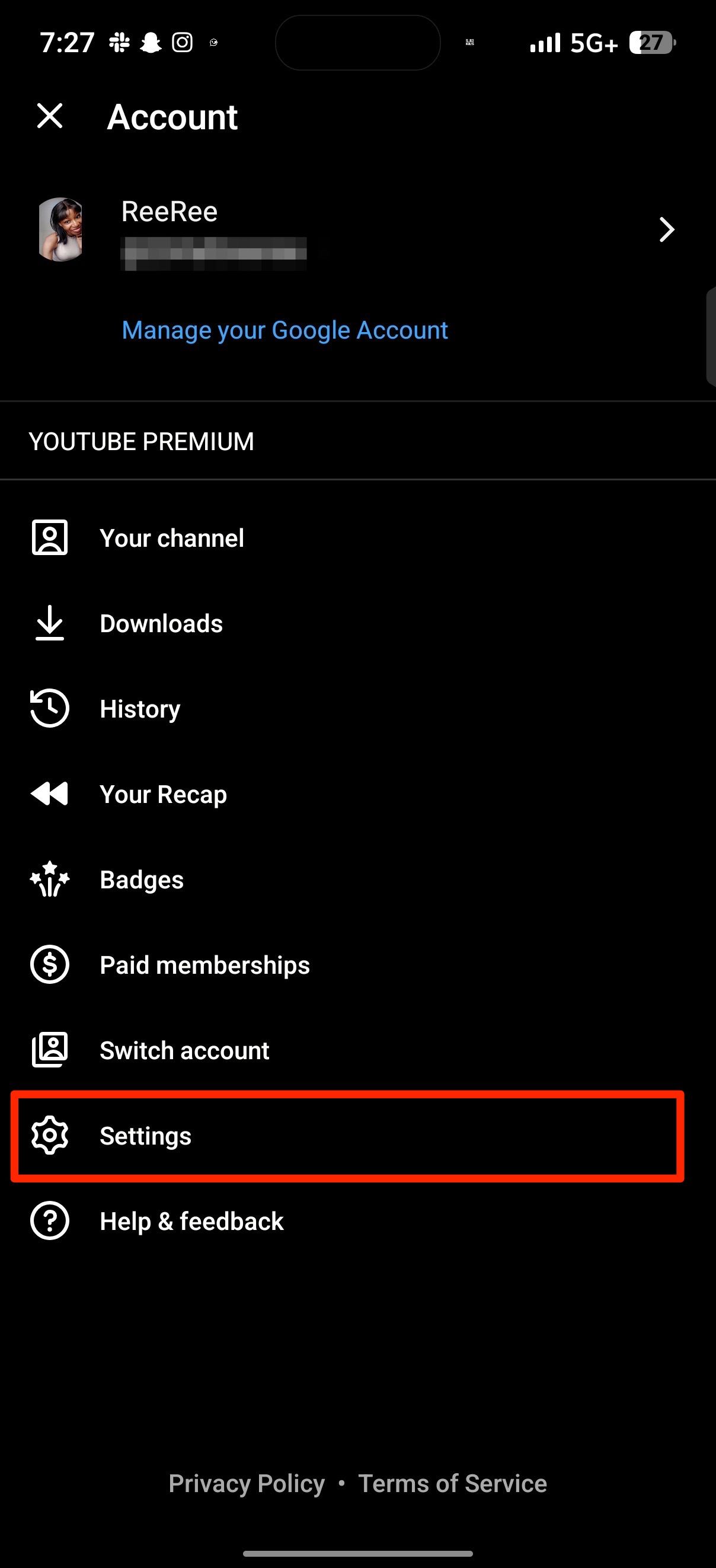 Red rectangle highlighting Settings option in YouTube Music Account menu