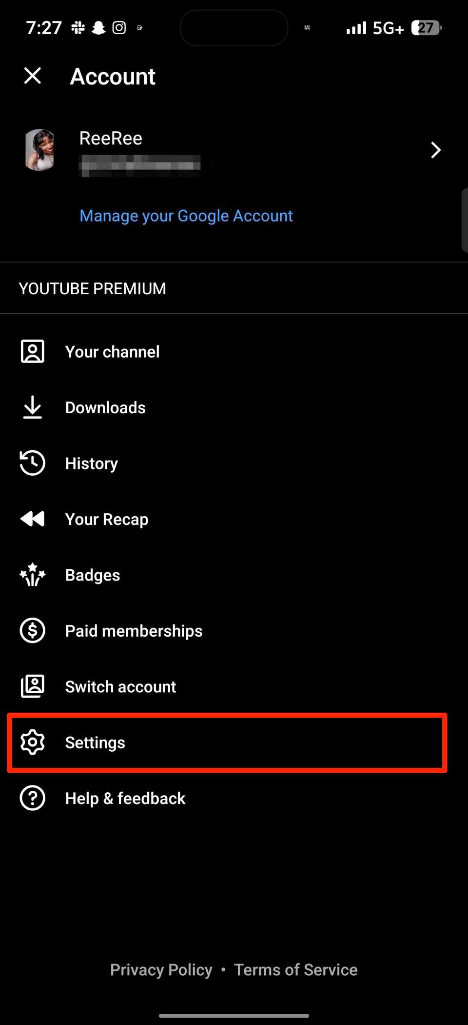 Red rectangle highlighting Settings option in YouTube Music Account menu
