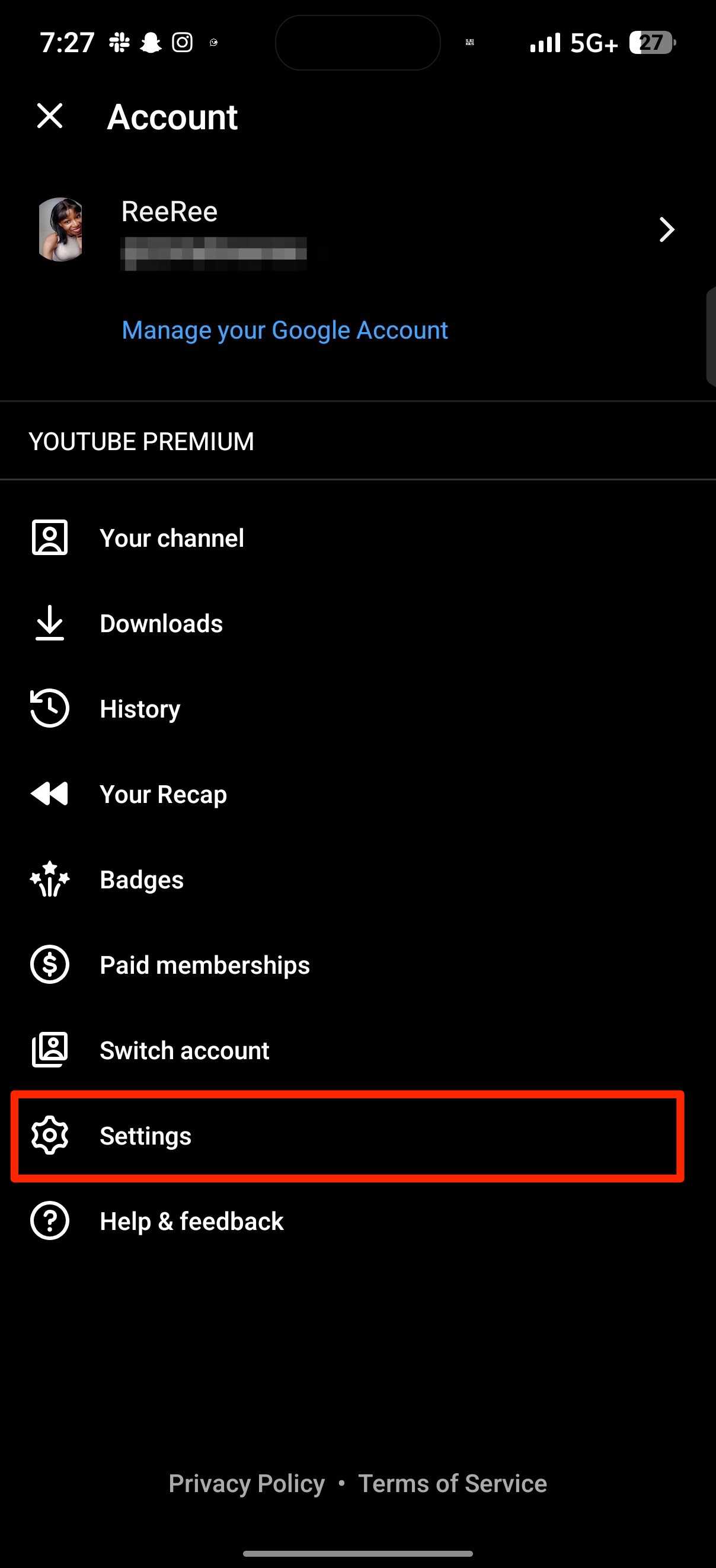 Red rectangle highlighting Settings option in YouTube Music Account menu