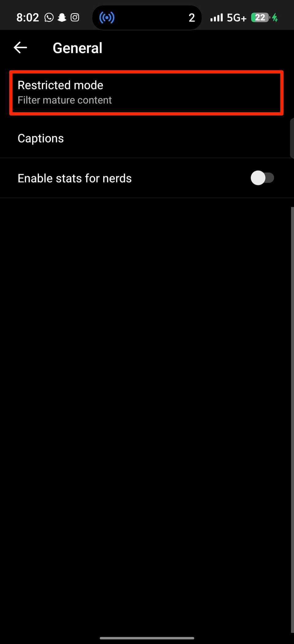 Red rectangle highlighting Restricted mode option under YouTube Music General settings