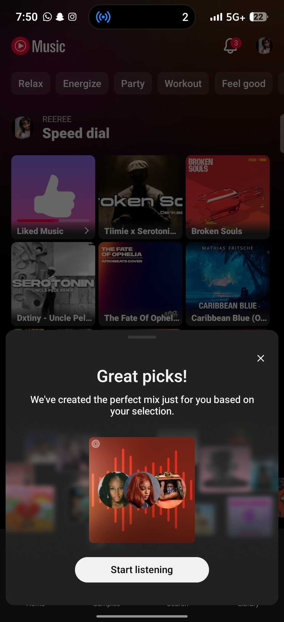 Pop-up card in YouTube Music showing custom mix based on chosen artists
