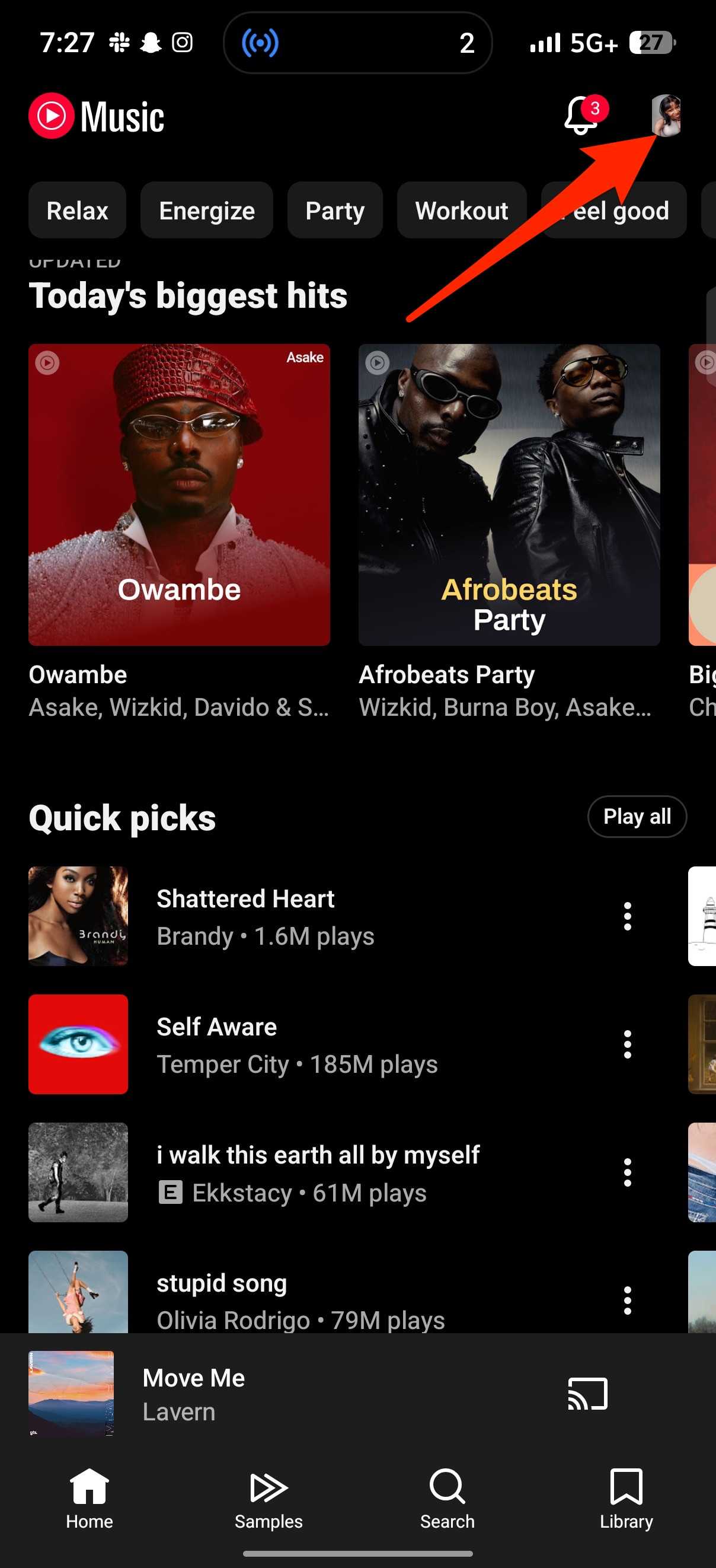 Red arrow points to profile picture icon in YouTube Music home screen