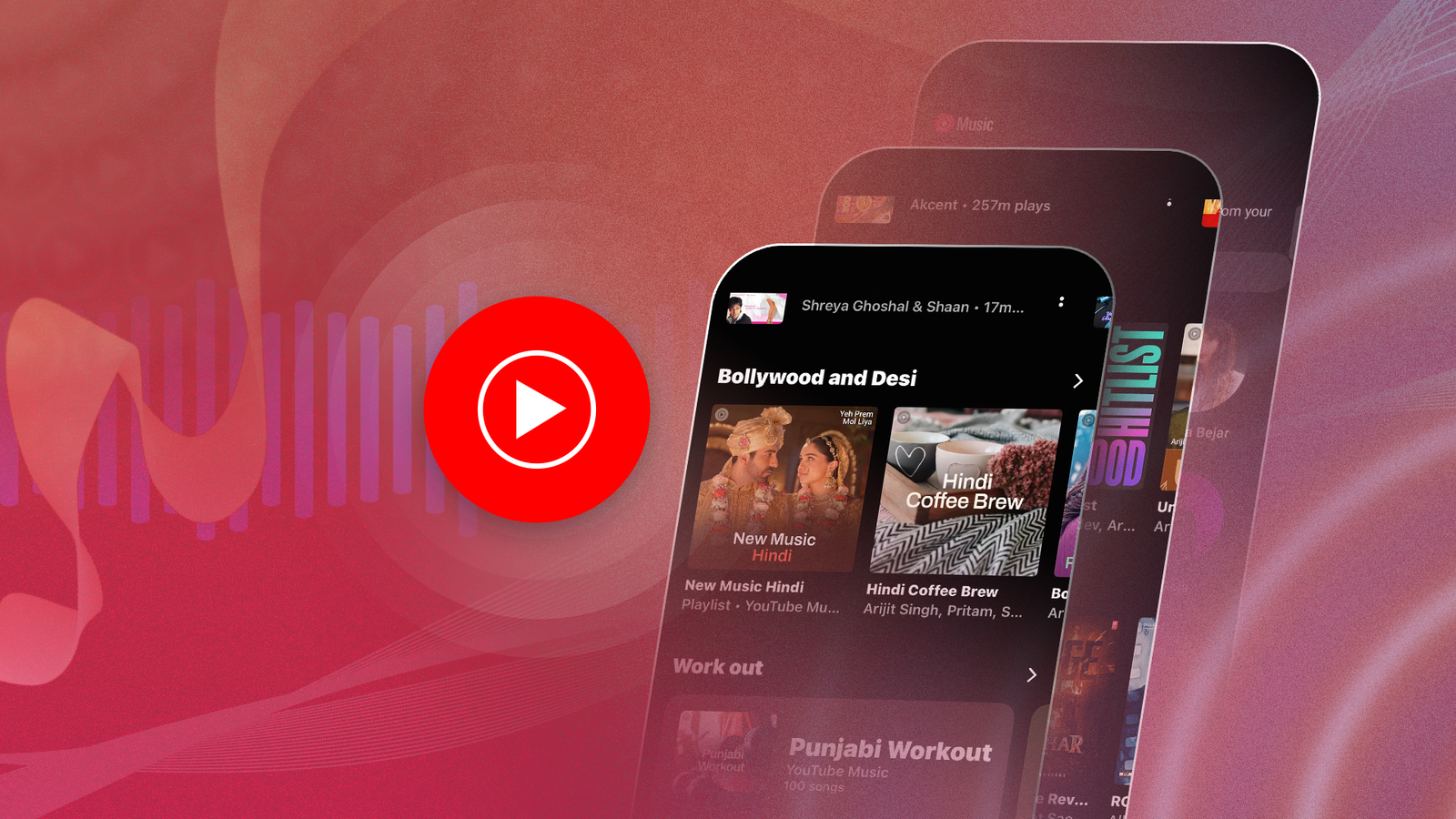 YouTube Music logo beside overlapping smartphone screens showing music playlists on a red background.