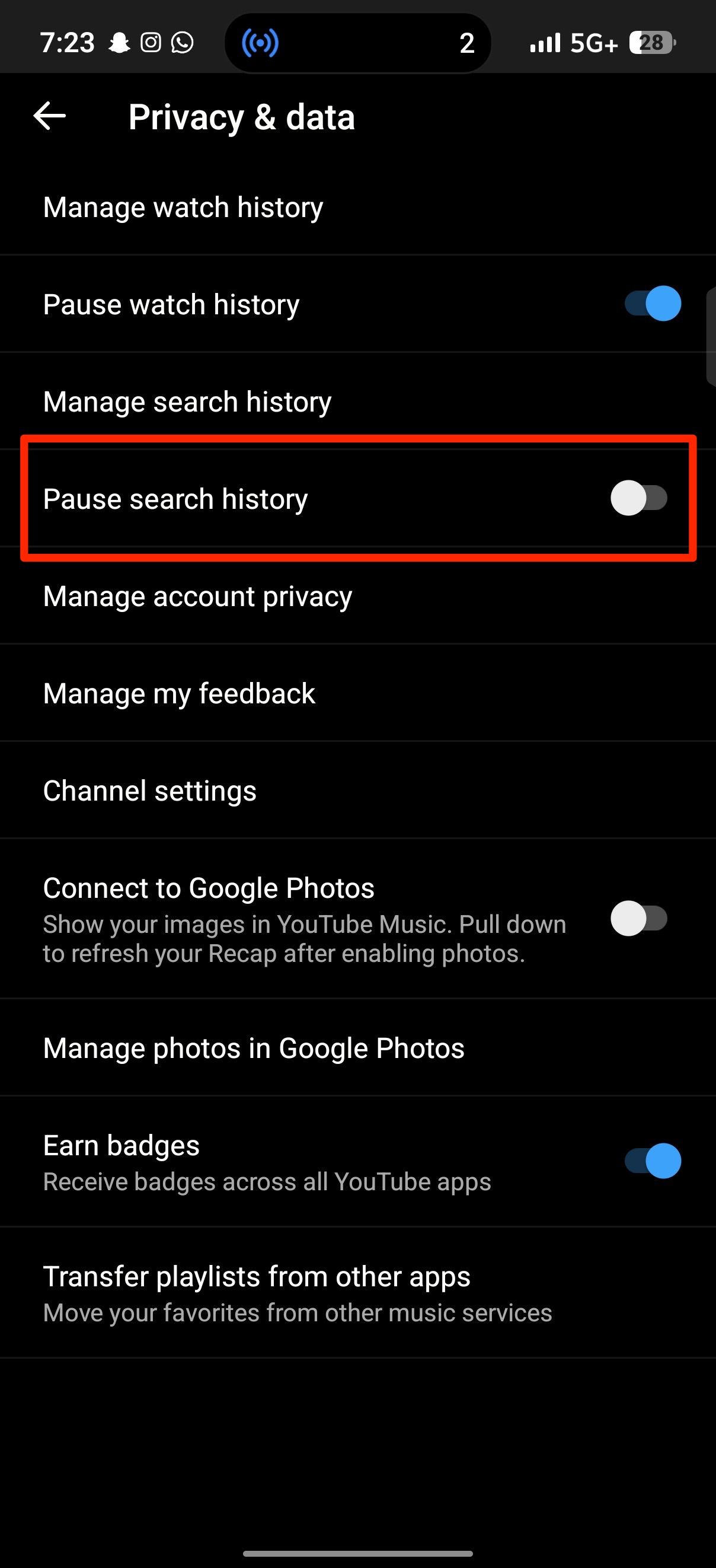 Red rectangle outlines Pause search history toggle in YouTube Music settings