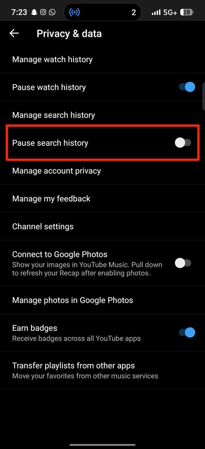 Red rectangle outlines Pause search history toggle in YouTube Music settings