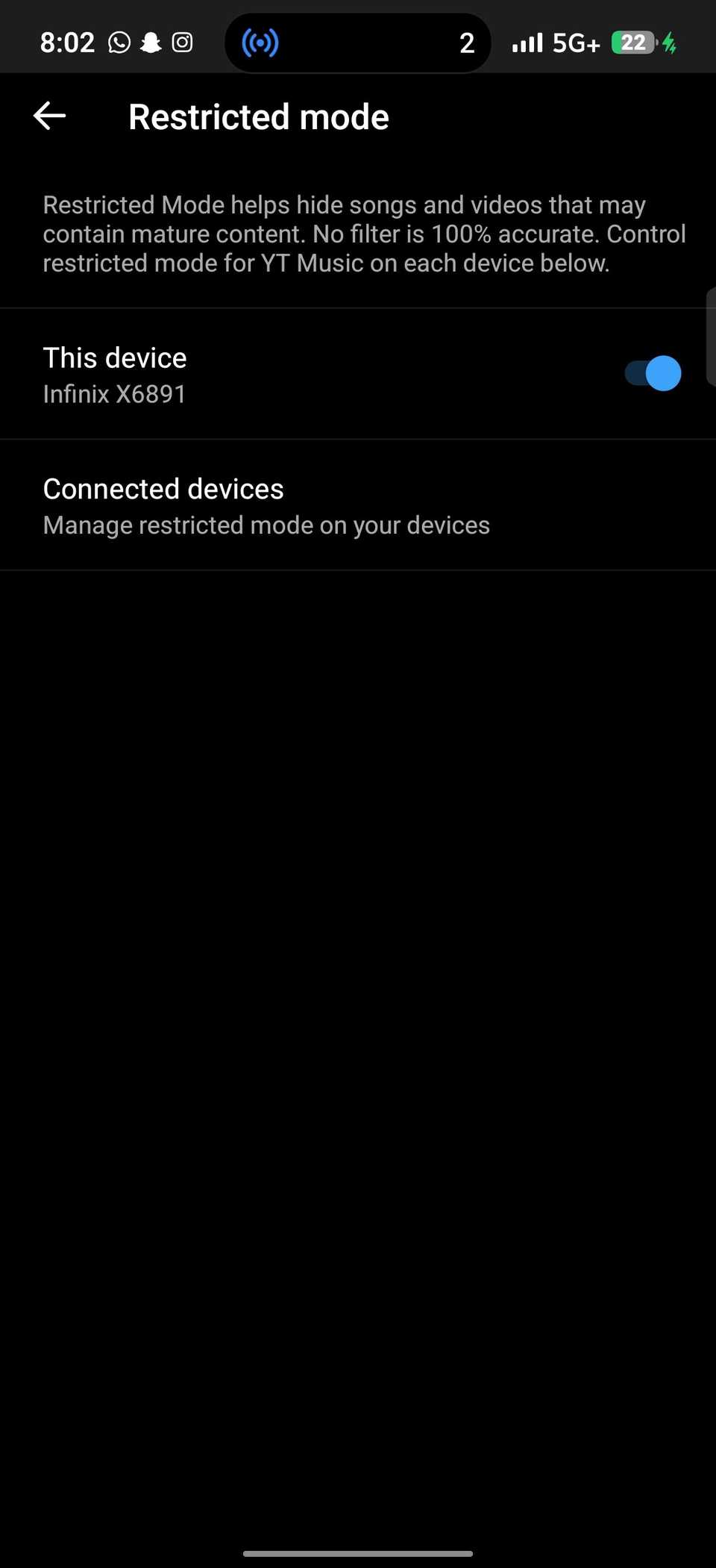 Restricted mode menu displays active toggle switch for current user device