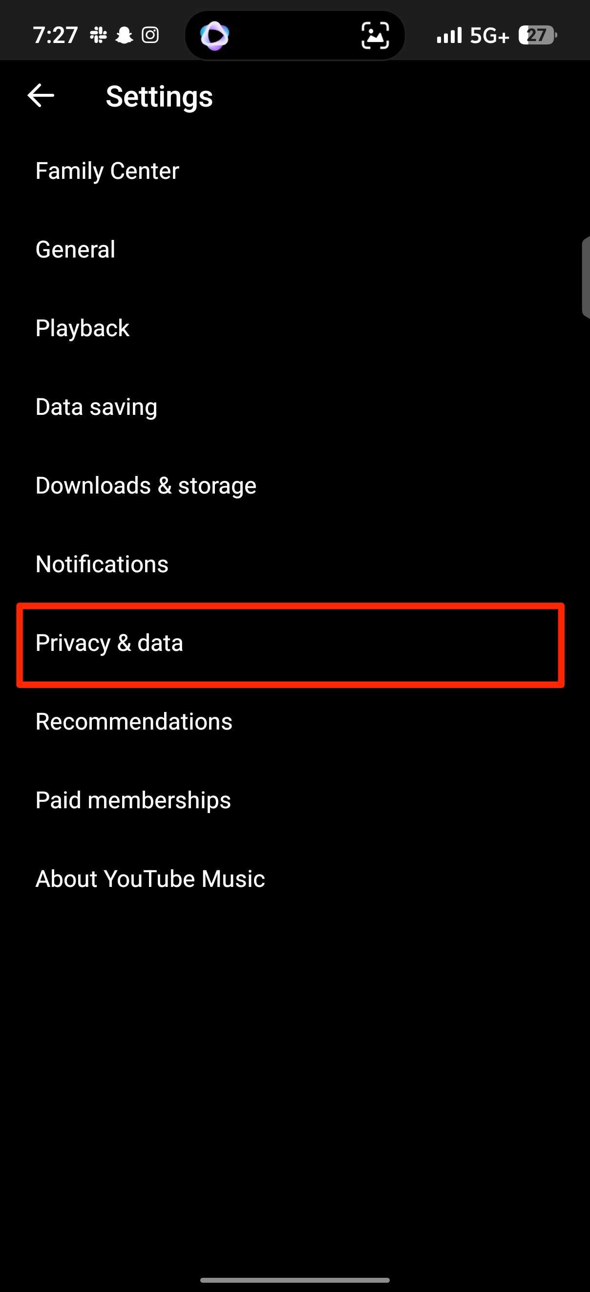 Red rectangle highlights Privacy and data option in YouTube Music settings