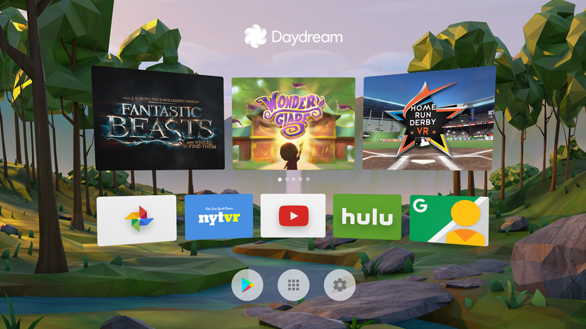 Menu inicial do Google Daydream mostrando jogos de realidade virtual, aplicativos de streaming e aplicativos do Google
