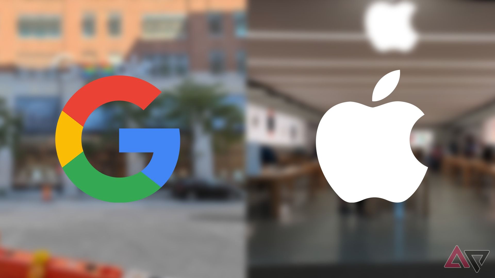 An Apple and Google logo next to each other with a blurred image of their respective stores in the background