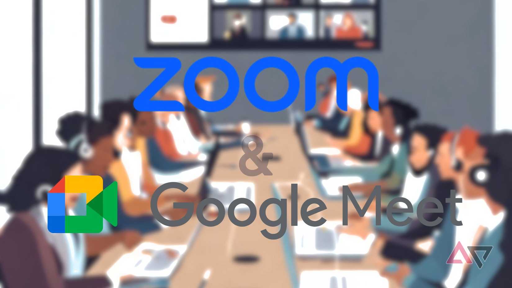 Zoom and Google Meet logos overlaid over an animated graphic of a office of people in a video conference call