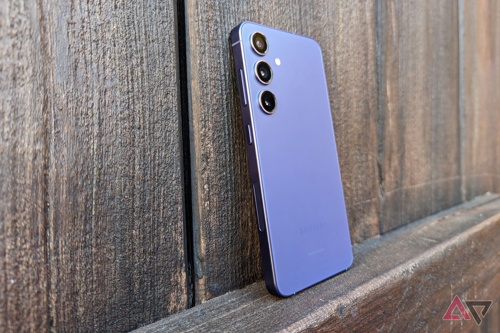 Il Samsung Galaxy S24 appoggiato a una porta di legno