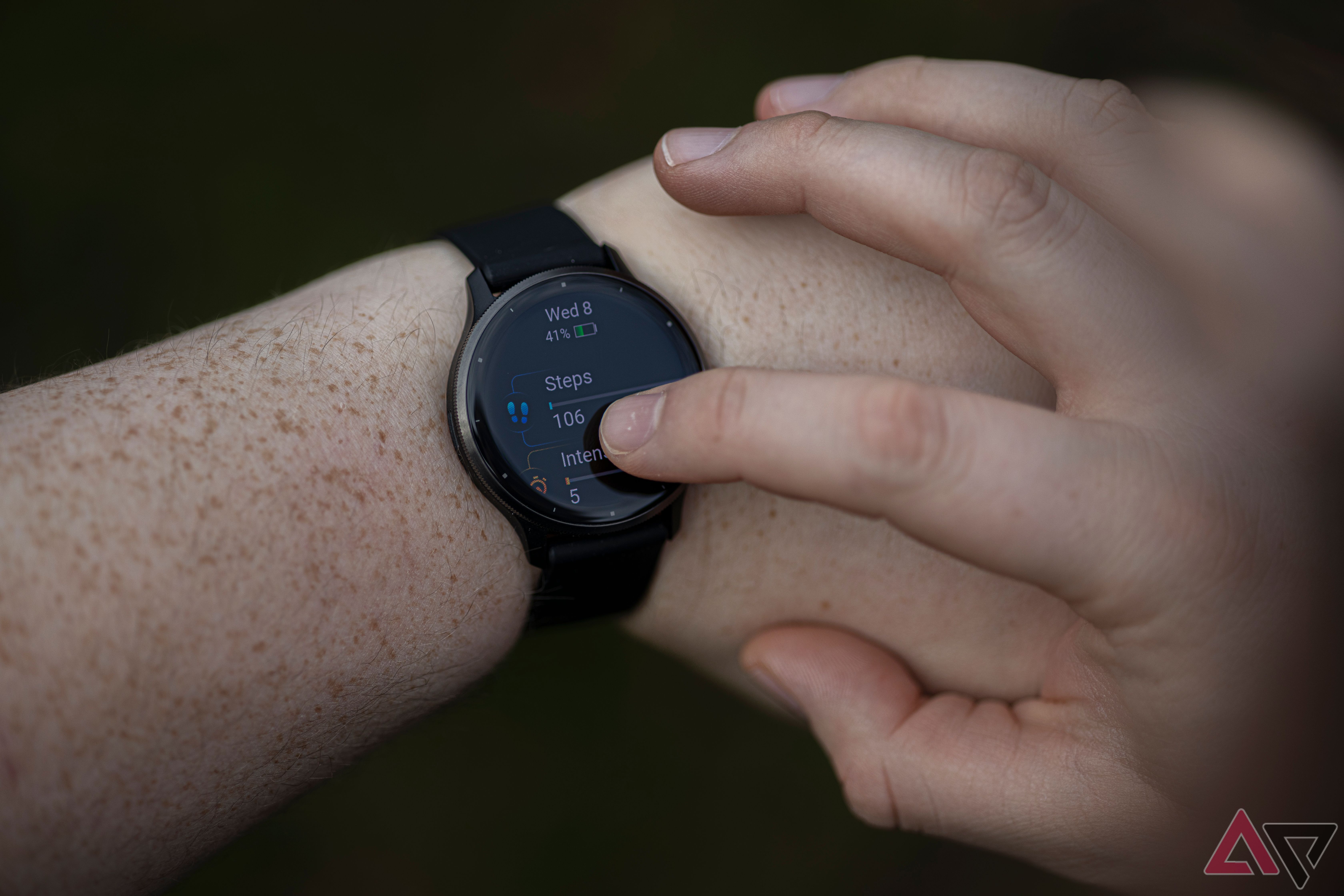 Close up of person viewing steps on Garmin Venu 3 smartwatch