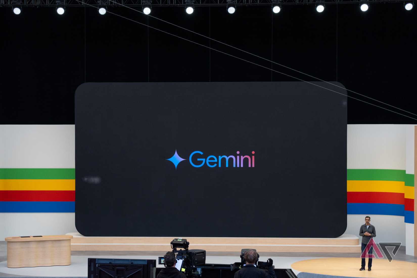 Sundar Pichai giving a presentation at Google I/O 2024 about Gemini AI