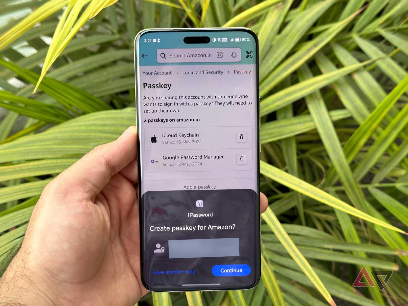 Phone showing a prompt for creating a passkey in the Amazon app