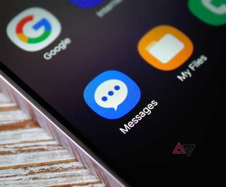 Photo of a phone with the Samsung Messages app icon visible
