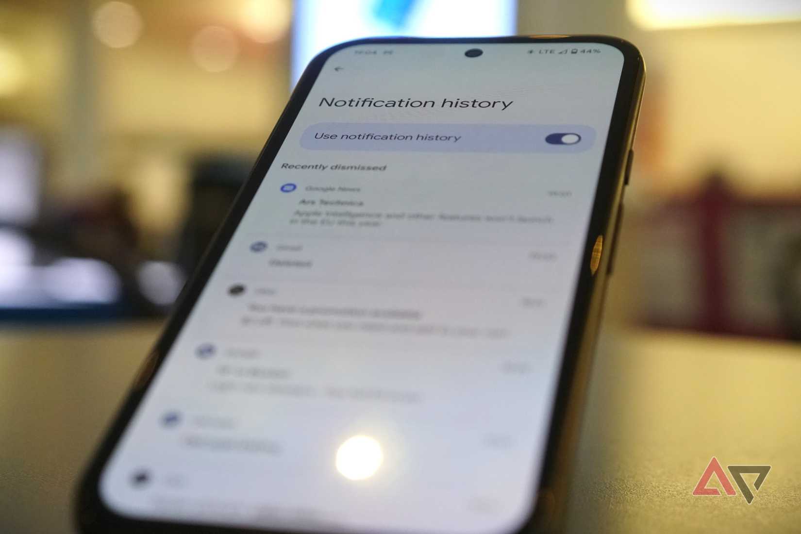 O menu do histórico de notificações nas configurações do Android.