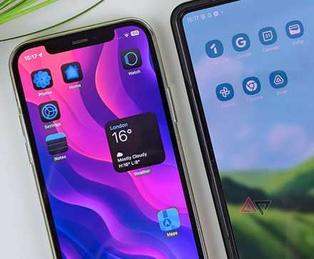 iOS 18 on an iPhone and a Samsung Galaxy Foldable on a white desk next to a plant