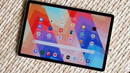 The Galaxy Tab S9 on a wicker table.