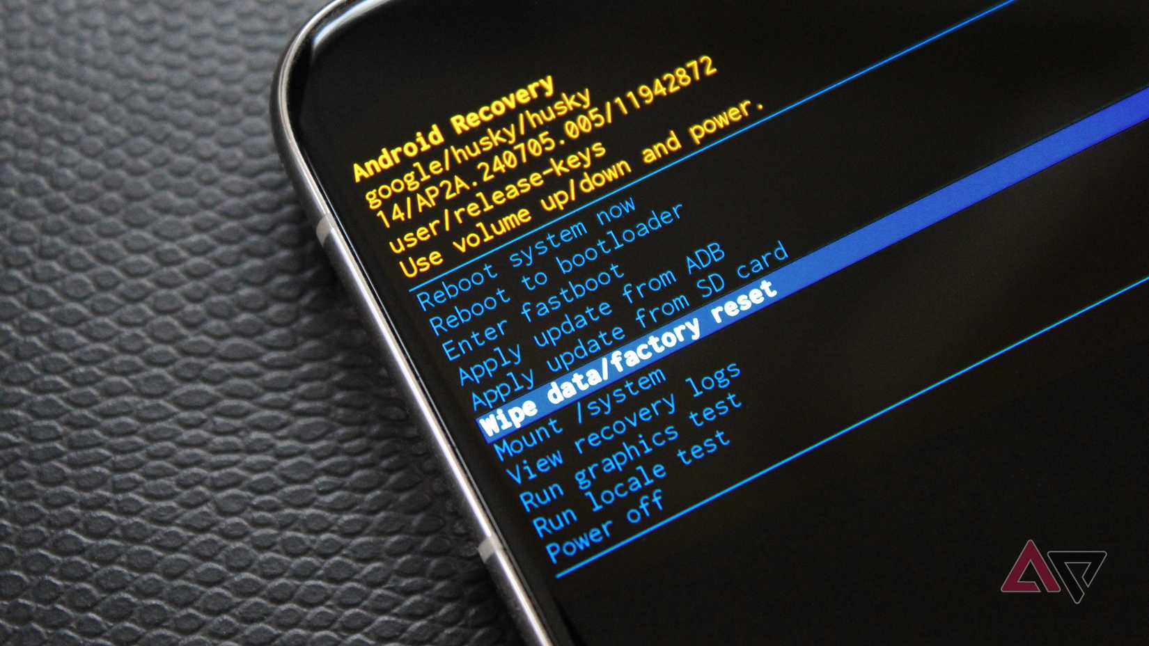 Image of Android Recovery on a phone with the "Wipe data/factory reset" option highlighted.