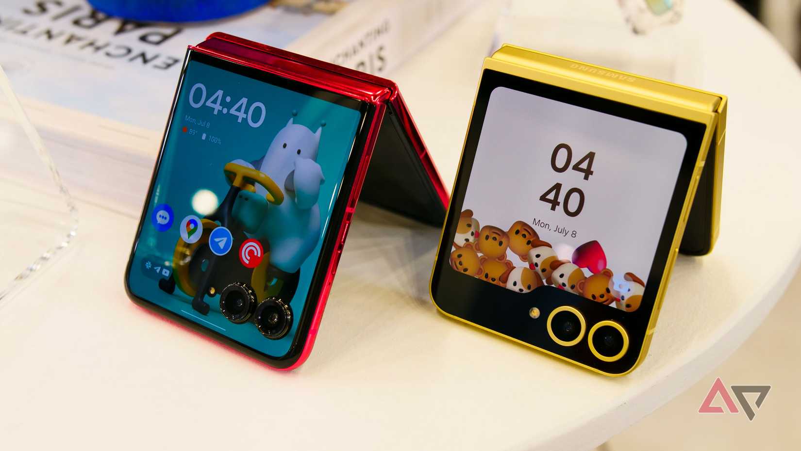 The Razr+ next to the Z Flip 6 in tent mode.