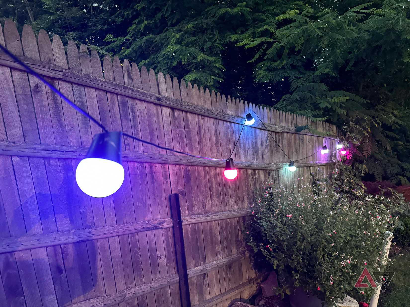 Govee Outdoor String Lights 2 acesas e colocadas em uma cerca