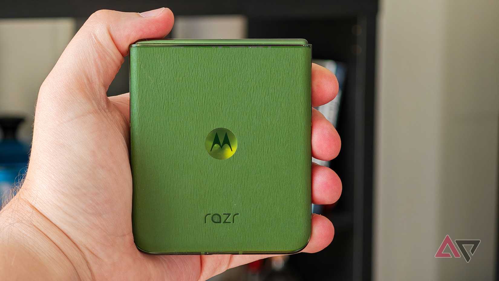 Motorola Razr+ 2024, fechado, na mão de alguém com a parte traseira verde voltada para a câmera