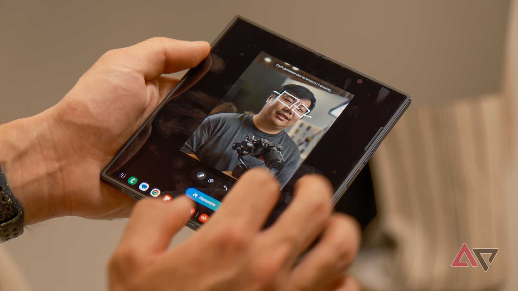 Samsung Galaxy Z Fold 6 showing an image with hand-drawn glasses over the subject and the AI generate button.