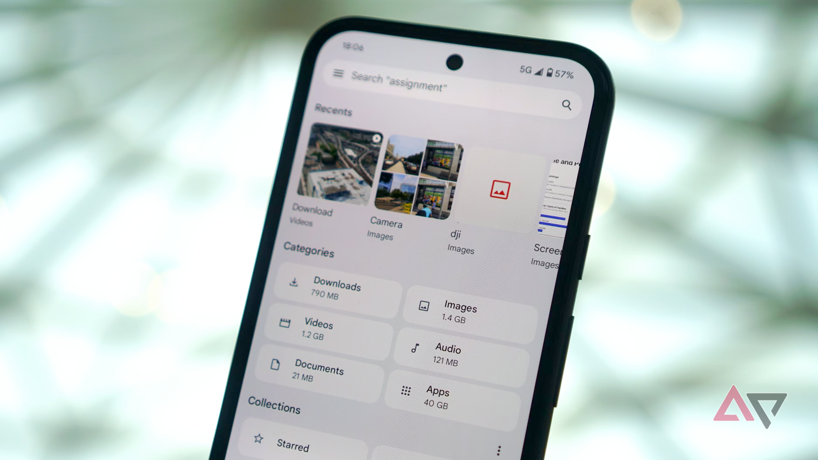 The Files by Google app shown on a phone with a skylight in the background.