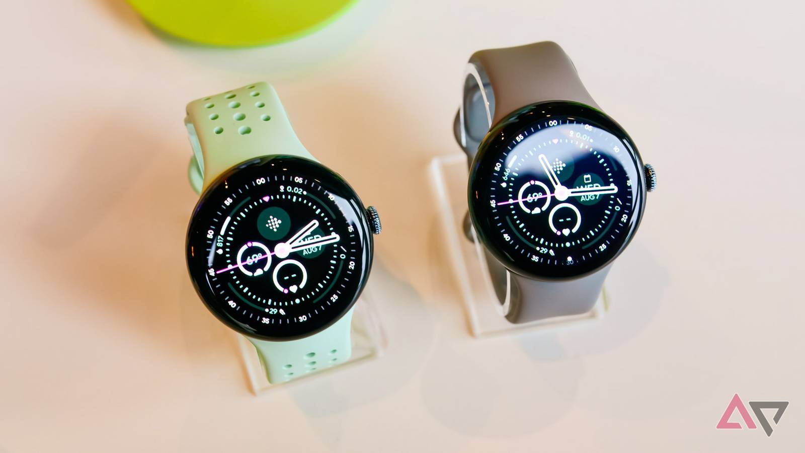 Pixel Watch 3 in green and grey finishes