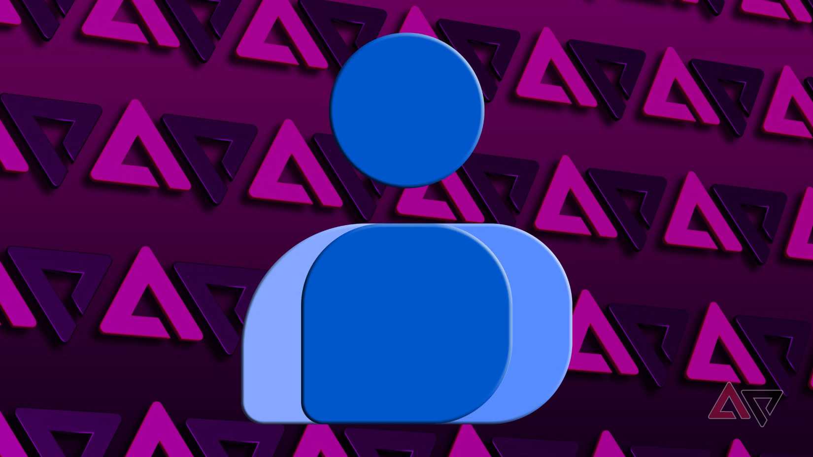 O logotipo dos Contatos do Google contra um fundo roxo preenchido com logotipos do Android Police.