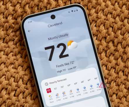 Google Pixel phone showing the Weather app on the screen