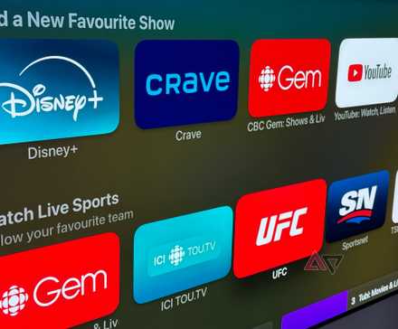 Photo of Apple TV 4K screen showing a selection of streaming apps.