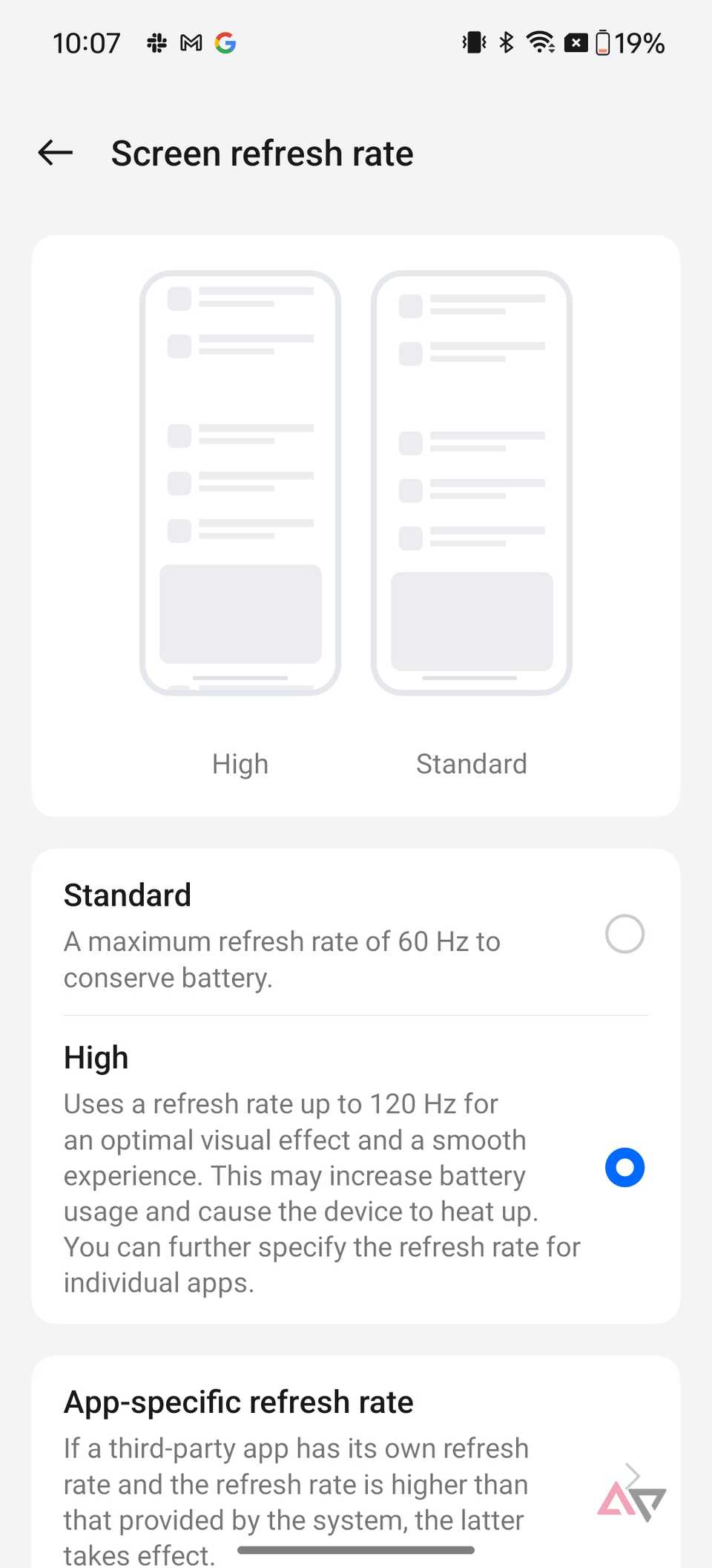 Selezione della frequenza di aggiornamento su OxygenOS 14 su OnePlus 12R.