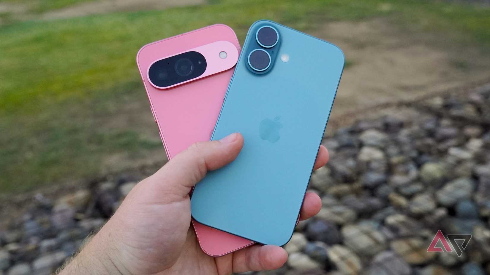 The Pixel 9 and iPhone 16 in the hand.