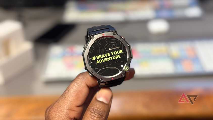 Image of the Amazfit T-Rex 3, with a brand sticker on the watchface that says
