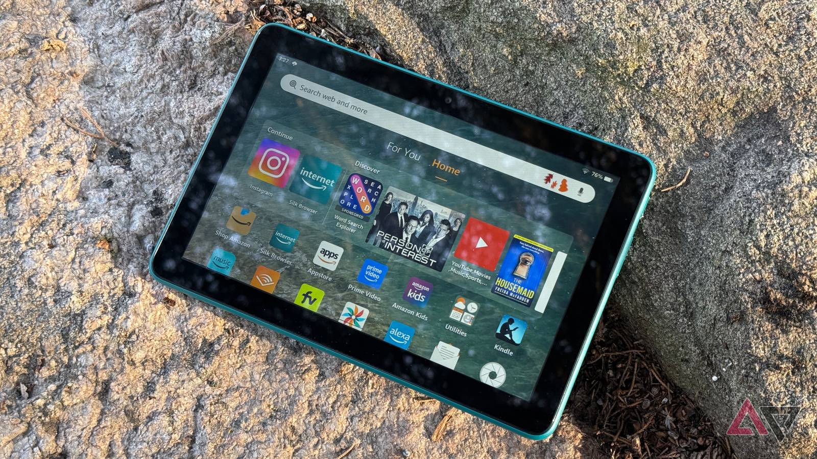 Amazon Fire HD 8 2024 laying on a rock