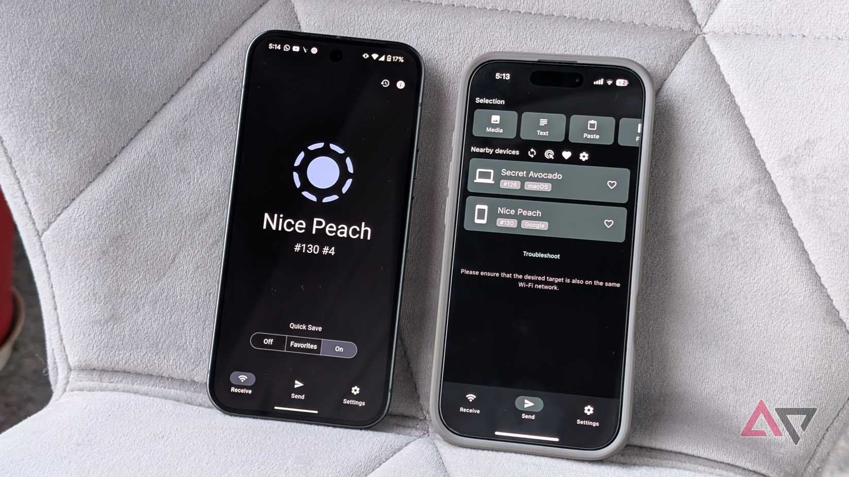 Due Android e iPhone con l'app LocalSend che mostra i dispositivi collegati