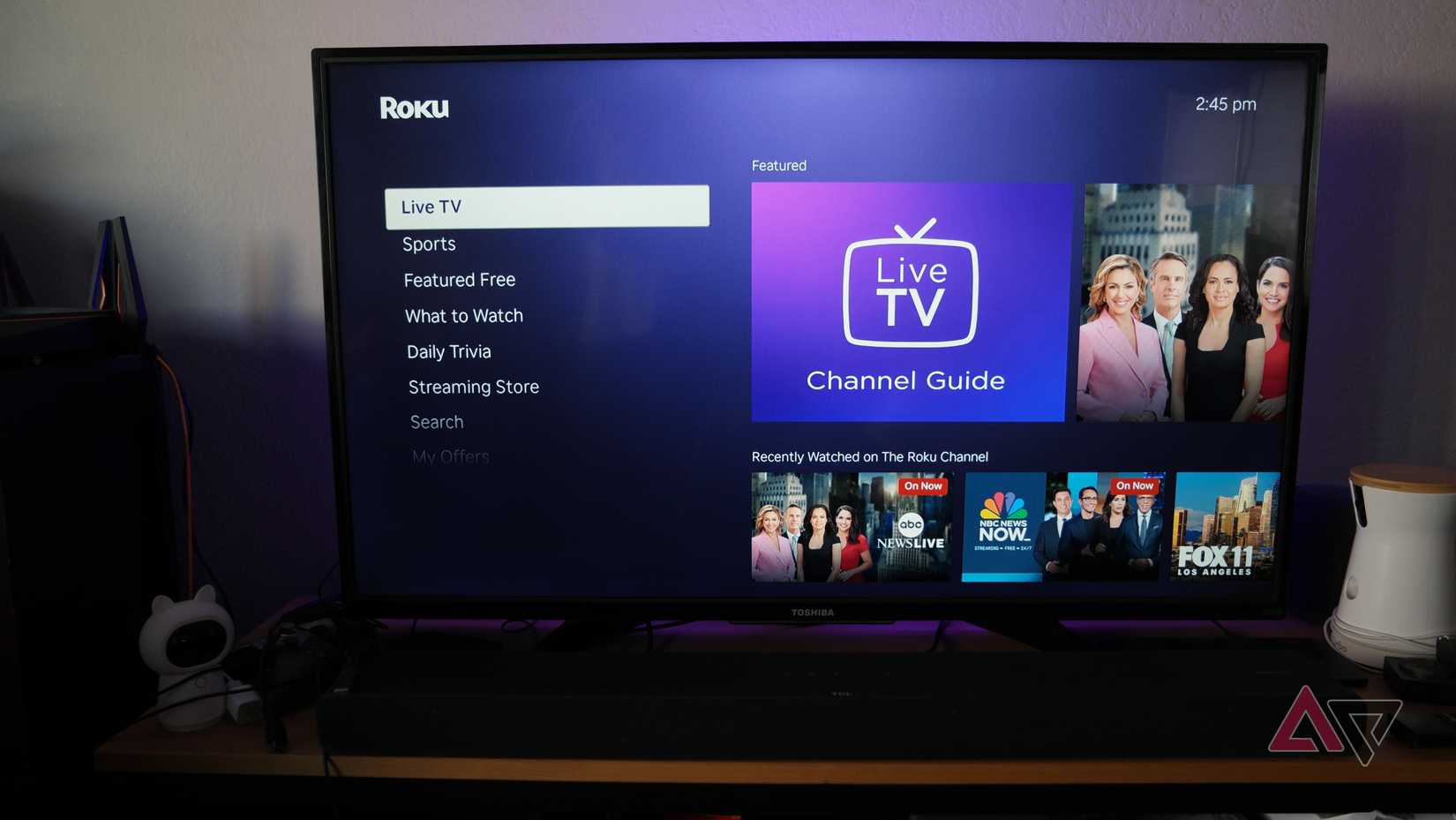 The Roku Express 4K+ showing Roku OS on a TV in the LiveTV menu