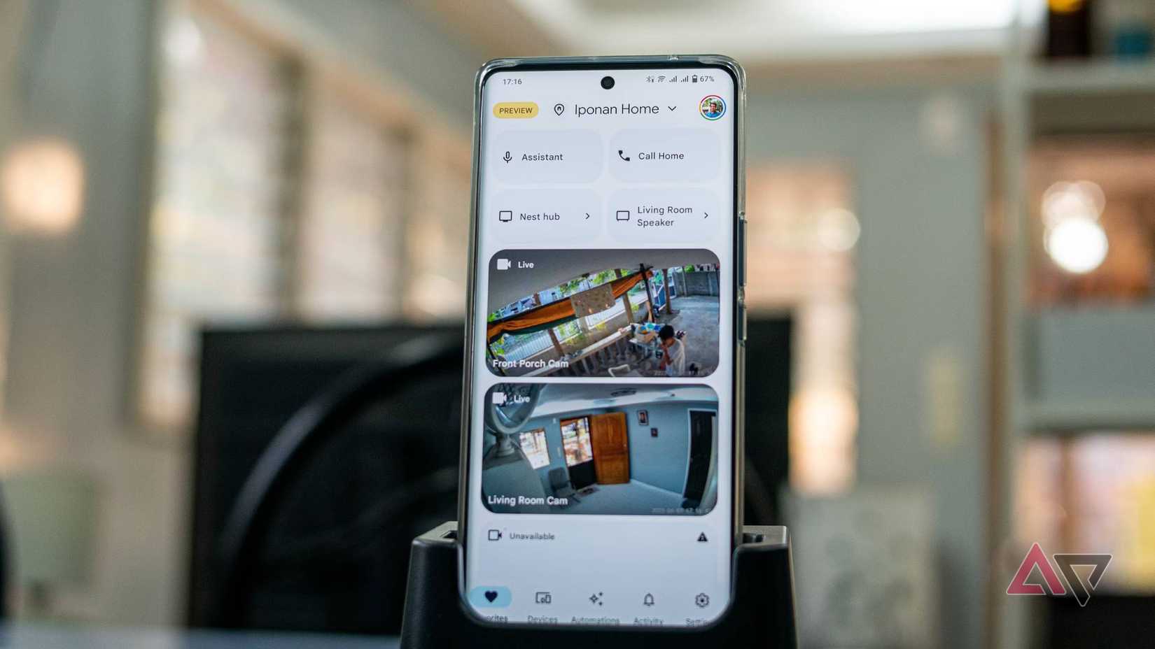 Google Home app favorites tab showing security camera feeds and other devices