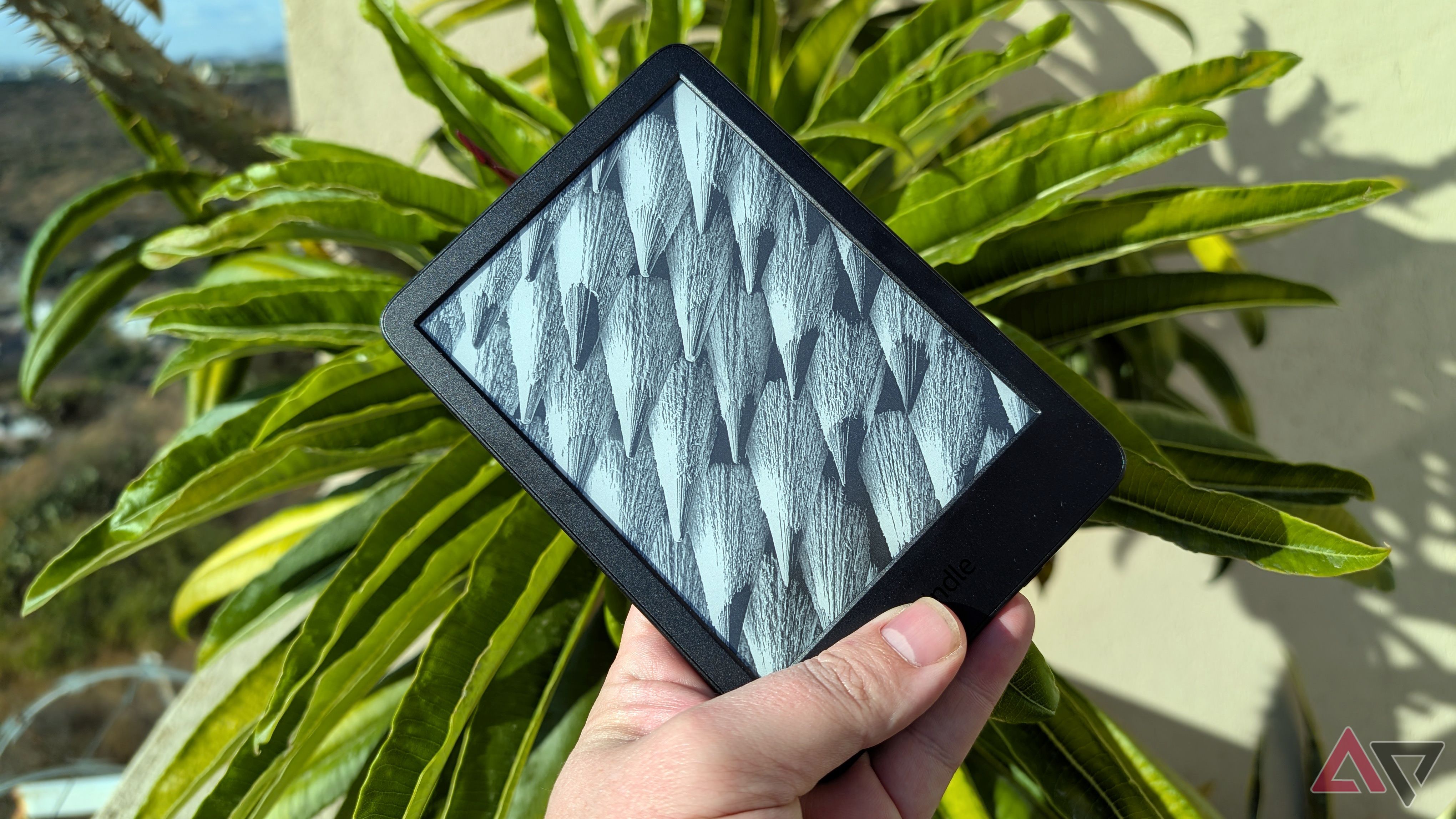 Amazon Kindle 2024 in hand in front of leafy plant
