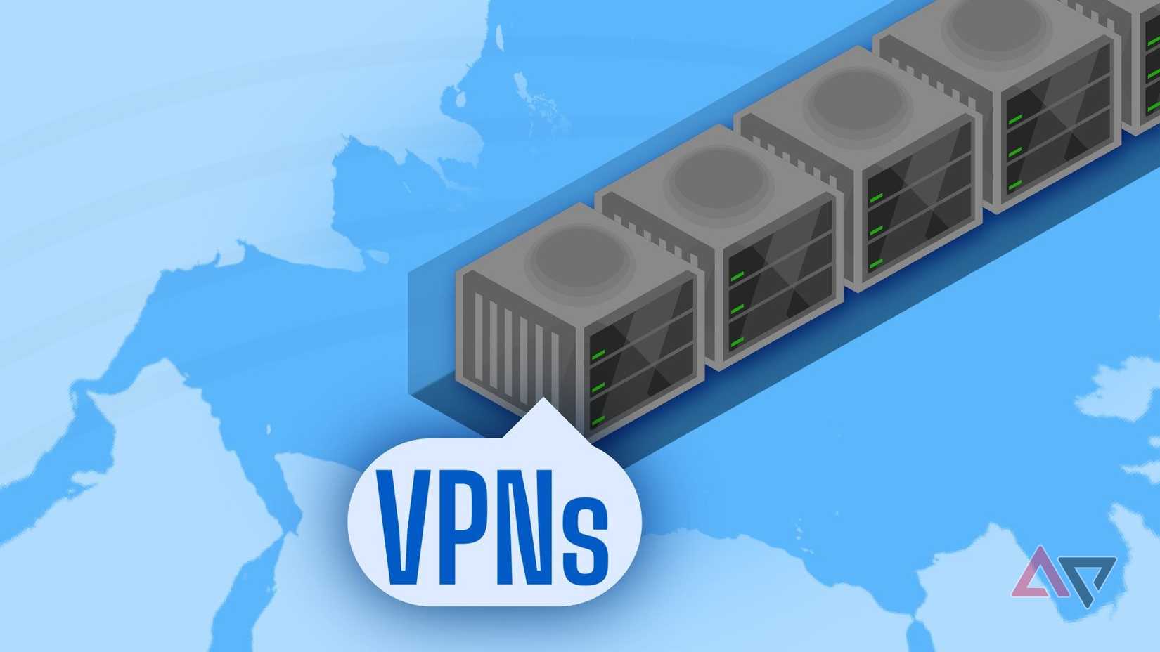 desenho animado de servidores VPN com o rótulo VPN em um balão de bate-papo colado em um fundo azul claro e médio
