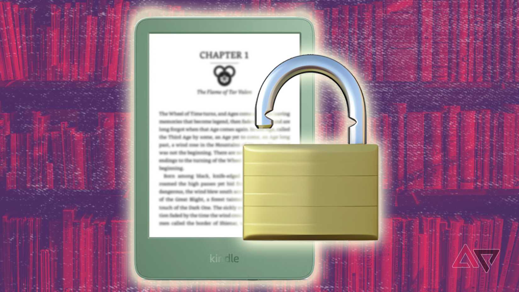 cadeado aberto no Kindle 2024 sobre o fundo da estante