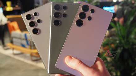 The Samsung Galaxy S25 Ultra in three different colors in someone's hand