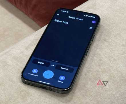 Google Translate app's home page with text, voice, and camera input options