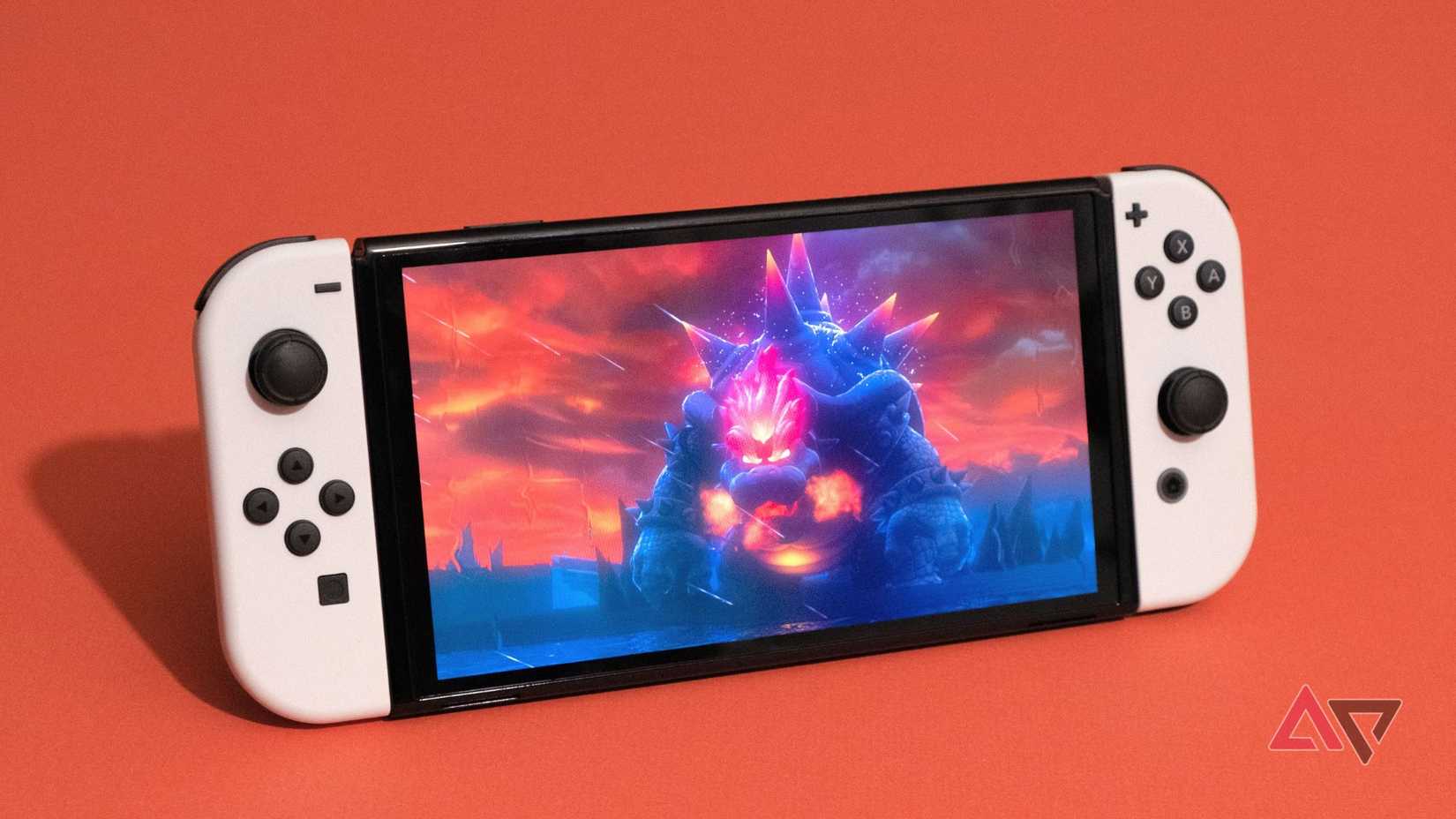 The Nintendo Switch OLED running the Bowser's Fury game.