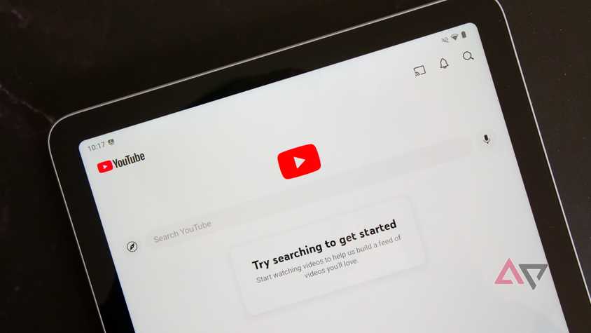 The YouTube search page on a deGoogled Pixel Tablet.