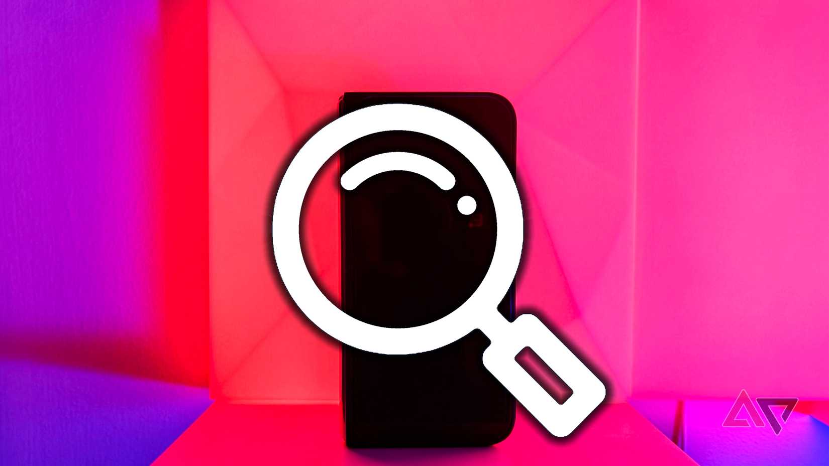 Google Pixel 9 Pro Fold in front of red light with a magnifying glass image on top