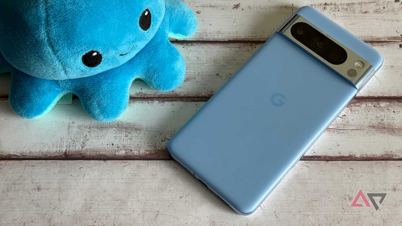 Google Pixel 8 Pro sitting next to a plush