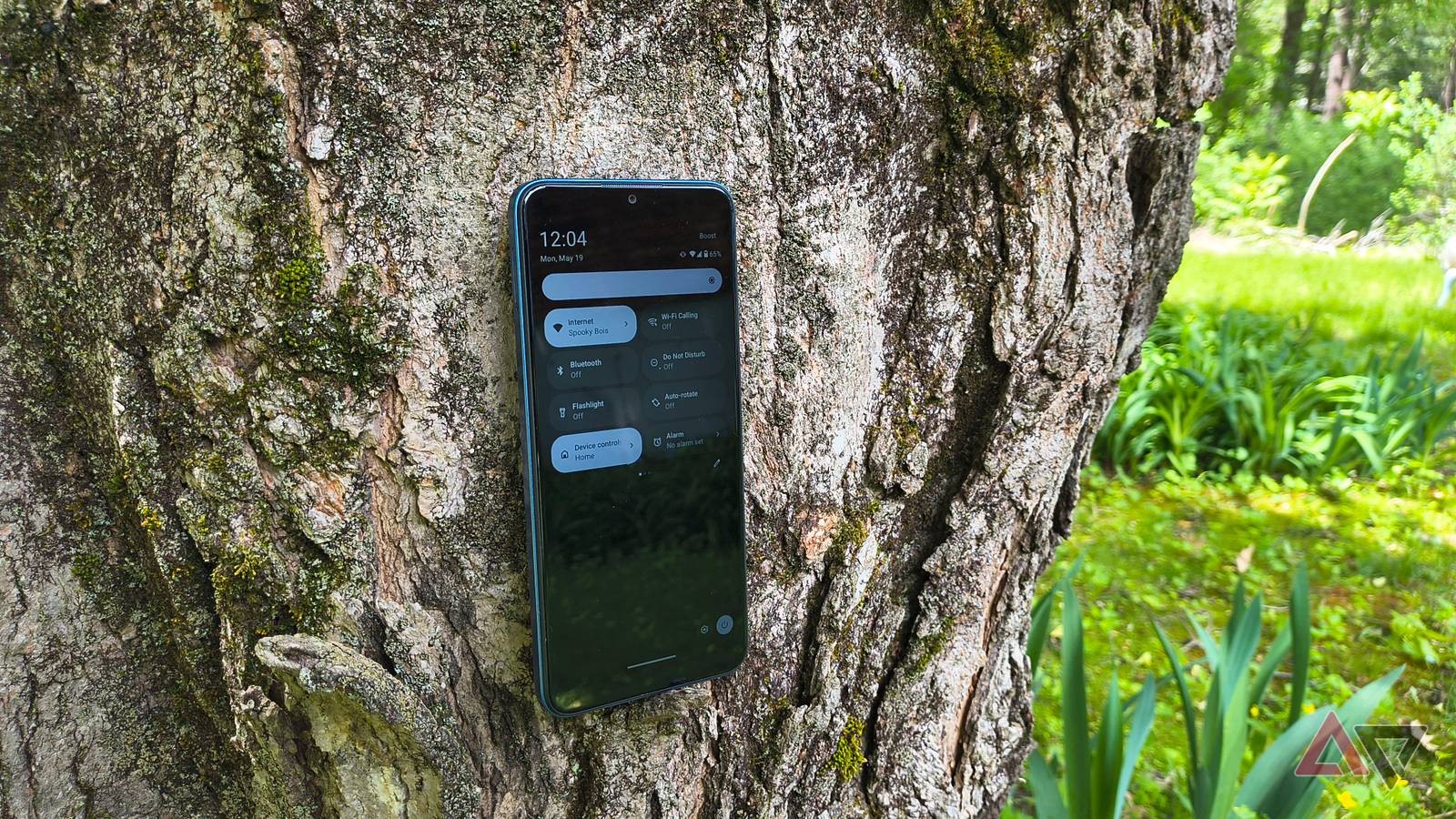 A Boost Summit 5G with it's quick settings menu visible sitting on the side of a tree
