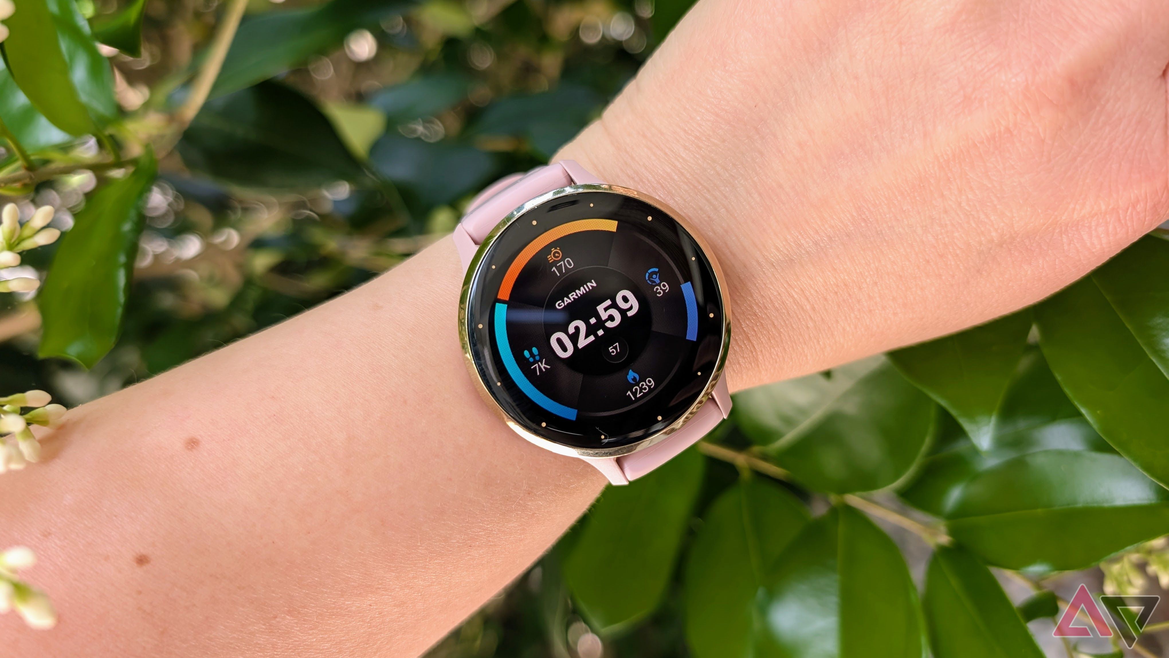 Wrist shot of the Garmin Venu 3S near bushes